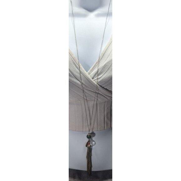 Ann Taylor Loft Floral Green And Gold Tone Tassel Necklace - Picture 2 of 7